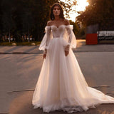 Off The Shoulder A Line Tulle Beach Wedding Dresses Sweetheart Puffy Sleeves Corset Princess Wedding Gown OKW15