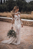 Lace Mermaid Backless Long Sleeves See Through Wedding Dress Bridal Gown OK1140