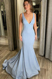 Light Blue Mermaid Long Prom Dress V Neck Mermaid Formal Evening Dress OKZ12