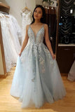 Light Blue Spaghetti Straps V Neck Tule Backless Prom Dress with Beading OKZ58