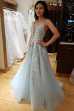 Light Blue Spaghetti Straps V Neck Tule Backless Prom Dress with Beading OKZ58