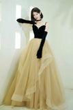 Black A Line Tulle Long Prom Dresses, Spaghetti Straps Evening Party Dresses OK1921