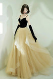 Black A Line Tulle Long Prom Dresses, Spaghetti Straps Evening Party Dresses OK1921