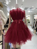 Lovely A Line Short Blue/Burgundy Tulle Prom Homecoming Dresses with Bow OK1747