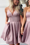 Spaghetti Straps V Neck A-line Homecoming Dress With Pockets Cocktail Dress OKY72