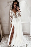 A Line V-neck Lace Appliques Long Sleeves Beach Wedding Dress with Split OK1113