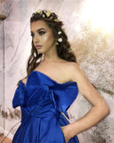 Sweetheart A-line Prom Dress Long With Pockets Royal Blue Satin Evening Dress OKW36