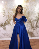 Sweetheart A-line Prom Dress Long With Pockets Royal Blue Satin Evening Dress OKW36