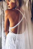 Charming Lace Long A-line Spaghetti Straps Split Ivory Beach Wedding Dresses OK739