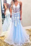 Mermaid Light Blue Tulle V Neck Long Prom Dress With Lace Appliques OKV45