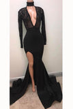 Cheap Black Deep V-neck Long Sleeve Prom Dress Split Sexy Evening Gown OKI36