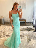 Mint Green Lace Appliques Mermaid Backless Long Prom Dress Evening Dress OK1286