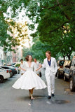 Modest Ball Gown V-neck Half Sleeves Tea Length Wedding Dress Bridal Gowns OK1136