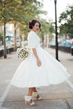 Modest Ball Gown V-neck Half Sleeves Tea Length Wedding Dress Bridal Gowns OK1136