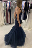 Navy Blue Mermaid Spaghetti Straps Lace Prom Dresses, Formal Evening Gown OK2010