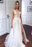 New V-neck A Line Tulle Split Wedding Dress Beach Bridal Gown With Appliques OK1119