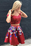 A Line Two Piece Red Off Shoulder Lace Applique Short Homecoming Dress OKM38