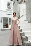 A-line V Neck Beaded Long Tulle Zipper Back Prom Dress OKT24