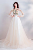 Pretty A Line Long Sleeves Tulle Appliques Prom Dress With Flowers OKG69