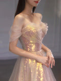 A Line Tulle Sequin Long Prom Dress, Off Shoulder Formal Graduation Dress OK2023