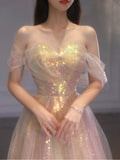 A Line Tulle Sequin Long Prom Dress, Off Shoulder Formal Graduation Dress OK2023