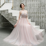 A-line Spaghetti Straps Beaded Long Tulle Prom Dress OKT23