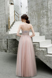 A-line Spaghetti Straps Beaded Long Tulle Prom Dress OKT23