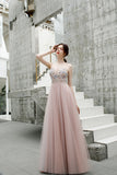 A-line Spaghetti Straps Beaded Long Tulle Prom Dress OKT23