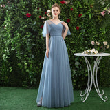 A Line V Neck CHiffon Blue Cheap Prom Dress Long Bridesmaid Dress OKQ81