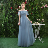 A Line CHiffon Blue Off the Shoulder Prom Dresses, Long Ruffles Bridesmaid Dresses OKQ79