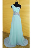One Shoulder Light Sky Blue Long Beaded Chiffon Prom Dress OK10