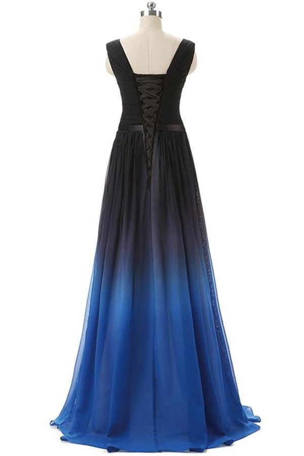 Black And Royal Blue Gradient Ombre Chiffon Back Up lace Prom Dress K145