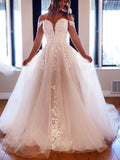 Off Shoulder Ivory Lace Appliques Long Wedding Dresses, White Tulle Bridal Dresses OK1700