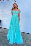 Off the Shoulder Blue A Line Lace Appliques Prom Dresses, Formal Evening Dresses OK1989