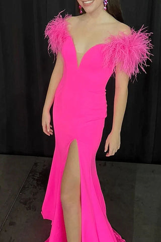 Off the Shoulder Hot Pink Long Prom Dresses With Slit Formal Evening Dresses OK1986