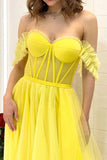 A Line Off the Shoulder Yellow Tulle Long Prom Dresses, Formal Evening Dresses OK1919