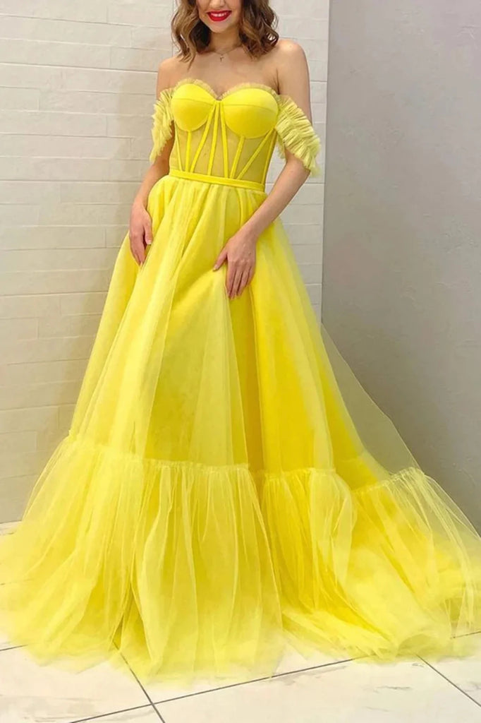 A Line Off the Shoulder Yellow Tulle Long Prom Dresses, Formal Evening Dresses OK1919