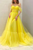 A Line Off the Shoulder Yellow Tulle Long Prom Dresses, Formal Evening Dresses OK1919