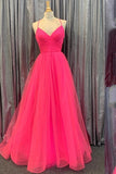 Hot Pink Pleated A Line Tulle Long Prom Dresses Formal Evening Dresses OK1448