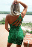 One Shoulder Hot Pink Sequins Tight Party Dresses Short Graduation Dresses OK1457