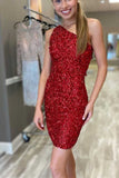 One Shoulder Hot Pink Sequins Tight Party Dresses Short Graduation Dresses OK1457