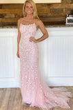 Pink Lace Appliques Mermaid Long Prom Dress Formal Evening Dresses OK1698