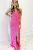 Hot Pink Sequins Mermaid Long Prom Dress With Slit Evening Party Dress OK1300