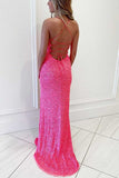 Hot Pink Sequins Mermaid Long Prom Dress With Slit Evening Party Dress OK1300