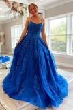 Princess A-Line Royal Blue Lace Appliques Tulle Prom Dress Long Formal Dress OK1235