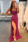 Fuchsia Sequins Mermaid Long Prom Dress Shiny Evening Party Dress OK1299