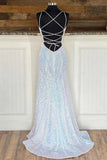 Silver Sequin V-Neck Empire Mermaid Long Prom Dress Evening Dresses OK2027