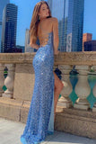 Spaghetti Straps Blue Sequin Mermaid Prom Dress With Side Slit OK1335