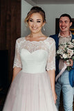 A Line Pink Tulle Lace Backless Half Sleeves Lace Up Wedding Dresses, Bridal Gown OK1881