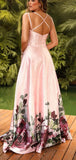 Pink A Line Satin Floral Prints Spaghetti Strap A-Line Prom Dresses OK2000